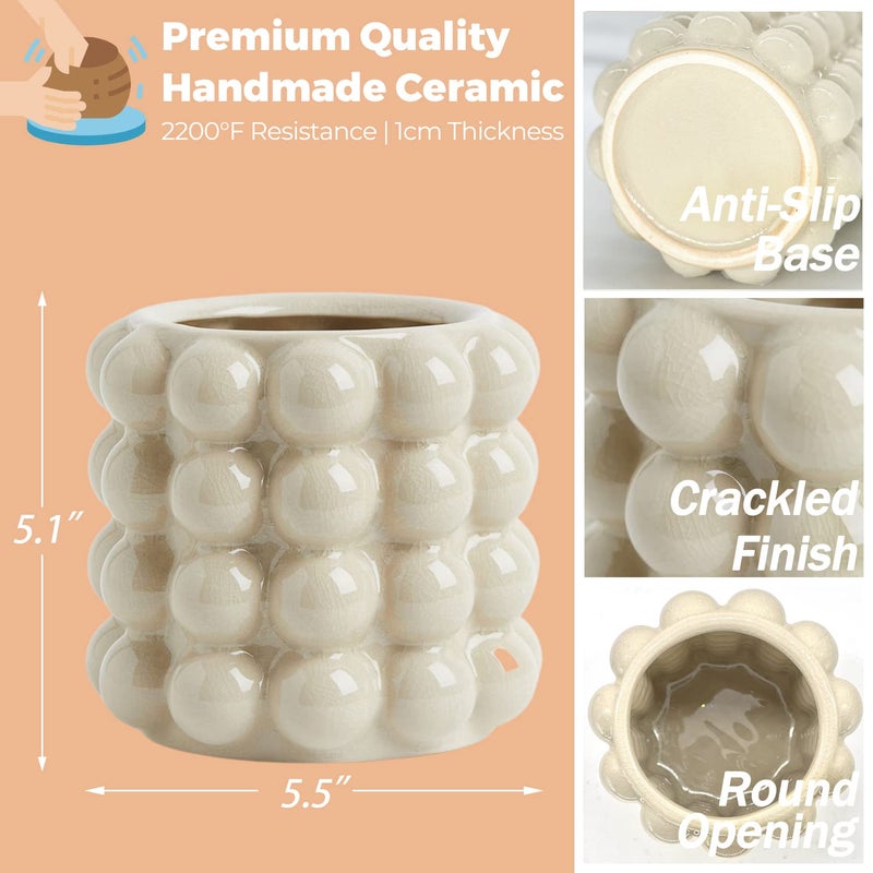YANWE1 Bubble Vase, Beige Ceramic Vase for Flowers, Short Vases for Boho Decor, Decorative Vases for Flowers, Living Room, Bedroom, Office, Fireplace, Mantel, Coffee Table, 5 Inches - Image 2