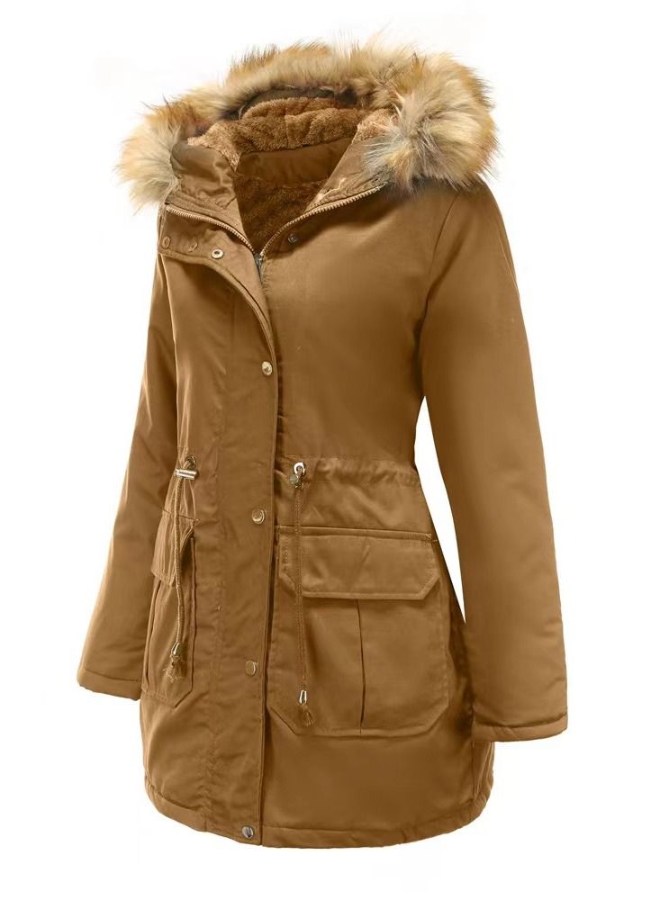 Loquat New Winter Cashmere Hooded Wool Collar Warm Coat Cotton-Padded Jacket - Image 3
