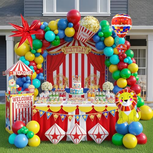 kozee 117PCS carnival circus Balloon garland kit with Red Blue Yellow Teal and Lion Popcorn Hot Air Balloon and Link Balloons for cartoon clown Theme birthday Party Decorations - Image 1