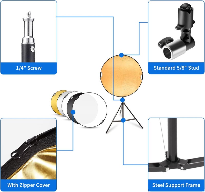 Selens Handle Round Reflector Stand Kit for Photography, 32" 5-in-1 Collapsible Lighting With 6.5ft Light Stand, Carry Bag and Clamp for Portrait Studio Shoot - Image 3