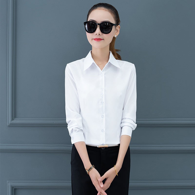 Uniform white shirt womens long-sleeved thick professional formal wear pure cotton base white shirt elegant womens work clothes top White