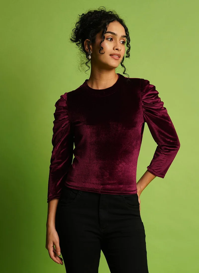 globus Globus Women Solid Round Neck Puff Sleeves Party Top