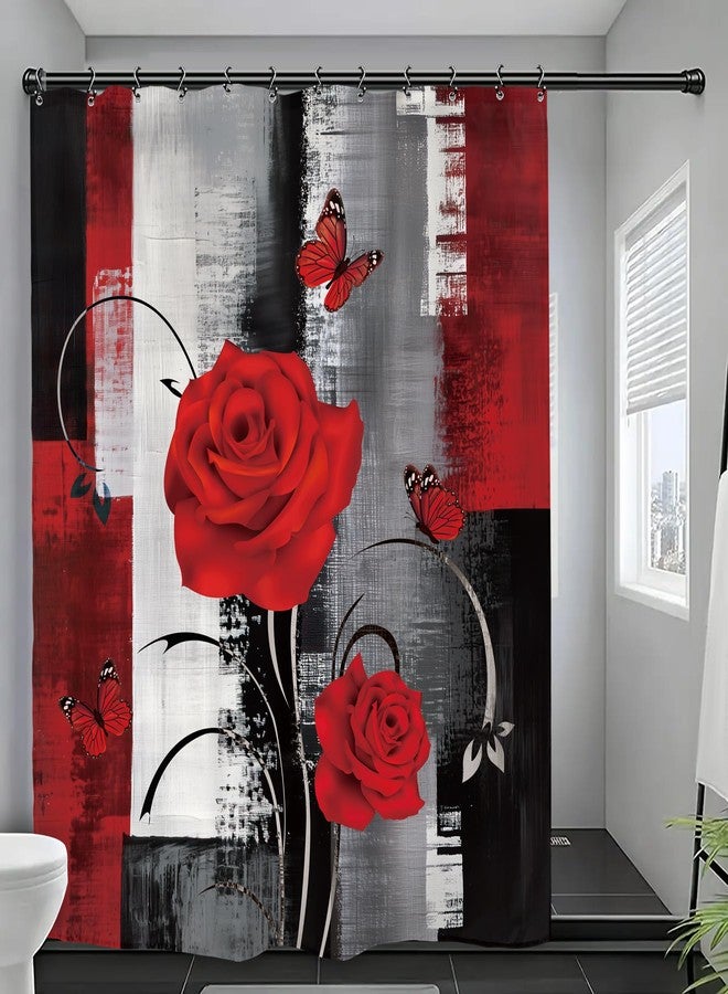 Yookeb Abstract Black Red Bathroom Shower Curtain 60W by 71H Inch Rose Brush Stroke Modern Romantic Valentine's Day Aesthetic Polyester Fabric 12 Plastic Hooks Waterproof Decor - Image 2