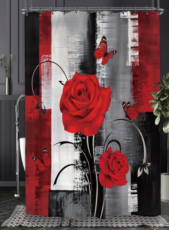 Yookeb Abstract Black Red Bathroom Shower Curtain 60W by 71H Inch Rose Brush Stroke Modern Romantic Valentine's Day Aesthetic Polyester Fabric 12 Plastic Hooks Waterproof Decor - Image 5