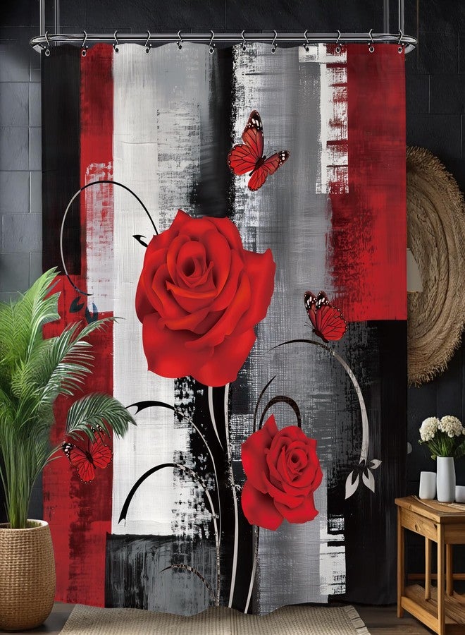 Yookeb Abstract Black Red Bathroom Shower Curtain 60W by 71H Inch Rose Brush Stroke Modern Romantic Valentine's Day Aesthetic Polyester Fabric 12 Plastic Hooks Waterproof Decor - Image 4