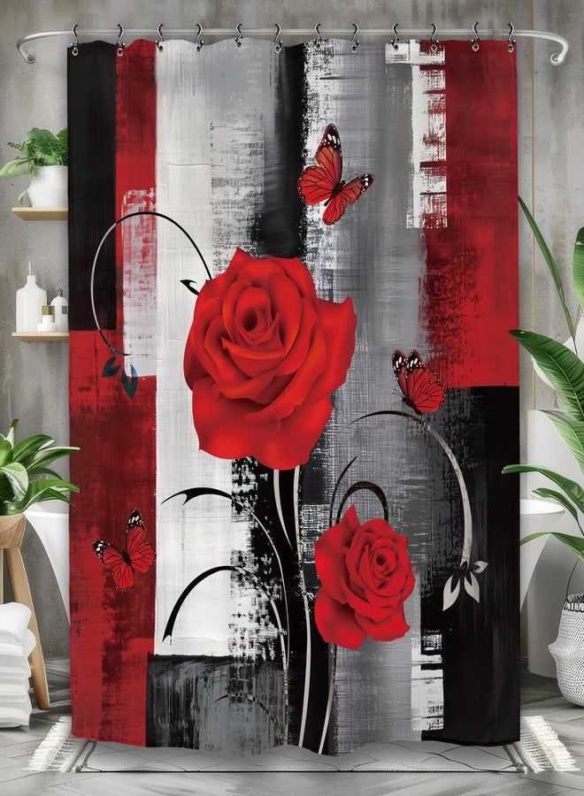 Yookeb Abstract Black Red Bathroom Shower Curtain 60W by 71H Inch Rose Brush Stroke Modern Romantic Valentine's Day Aesthetic Polyester Fabric 12 Plastic Hooks Waterproof Decor - Image 1