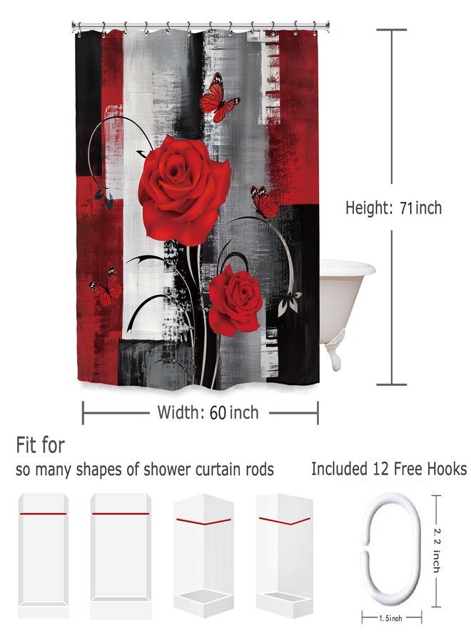 Yookeb Abstract Black Red Bathroom Shower Curtain 60W by 71H Inch Rose Brush Stroke Modern Romantic Valentine's Day Aesthetic Polyester Fabric 12 Plastic Hooks Waterproof Decor - Image 3