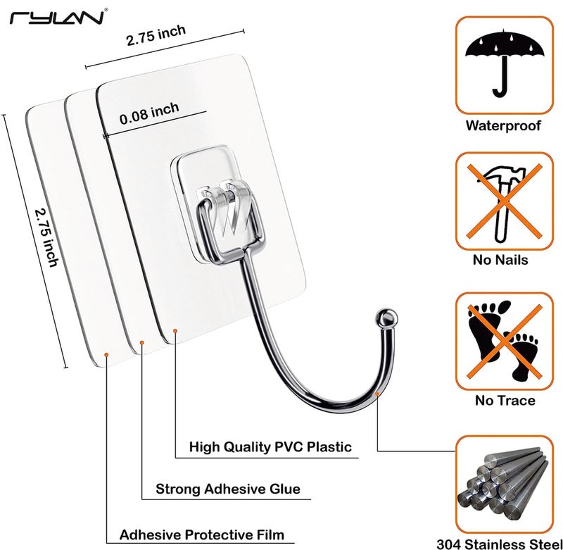 Rylan Large Adhesive Hooks 10KG(Max), Waterproof and Rustproof Wall Hooks for Hanging Heavy Duty, Stainless Steel Towel and Coats Hooks to use Inside Kitchen, Bathroom, Home and Office, (Pack of 15) - Image 2