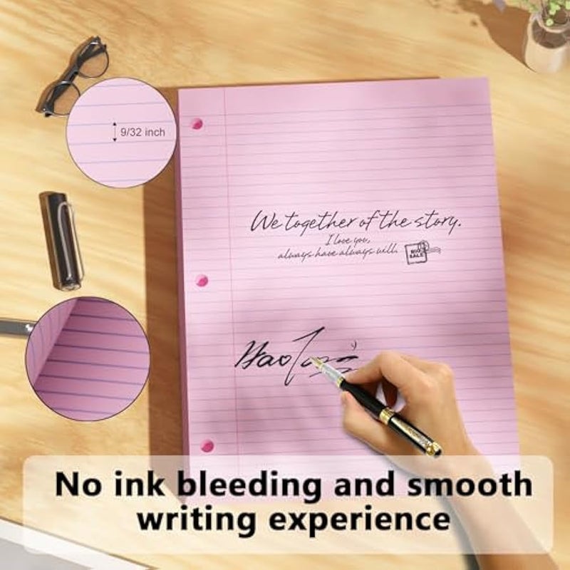 Pink Loose Leaf Paper 100 Sheets Colored Filler Paper 8 * 10.5 College Ruled 3-Hole Punched Paper for 3-Ring Binders Notebook Lined 8 x 10.5 - Image 4