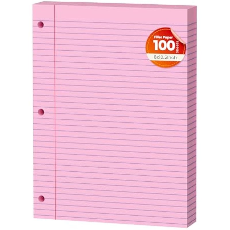 Pink Loose Leaf Paper 100 Sheets Colored Filler Paper 8 * 10.5 College Ruled 3-Hole Punched Paper for 3-Ring Binders Notebook Lined 8 x 10.5 - Image 1