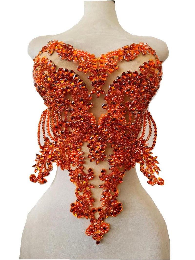 Zbroh دانتيل جسم مزين بالأحجار الكريمة الحمراء والزرقاء والذهبية والخضراء للخياطة مع حبات كريستال لملحقات الملابس البرتقالية