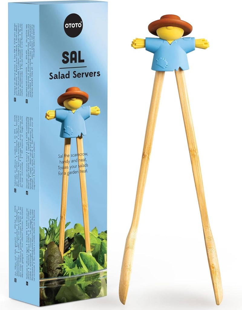 OTOTO NEW - Sal Scarecrow Salad Tongs (2-Piece) - Wooden Tongs Set, Food Safe Toaster Tongs for Serving, Cute Kitchen Tongs, Cool Kitchen Gadgets Accessories, Funny Gifts, Mini Tongs (Blue) - Image 1