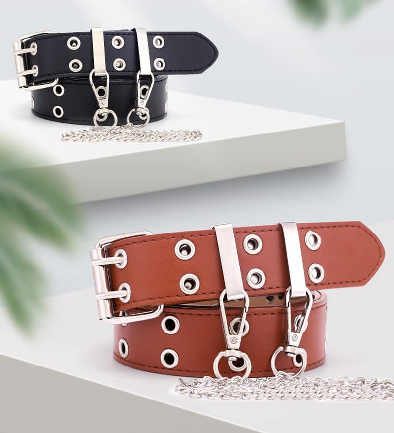 TOPPROSPER Women Punk Belts Prong Buckle Jeans Waist Belts Grommet punk waist belt for jeans (Black+chain) - Image 3