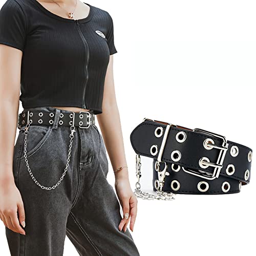 TOPPROSPER Women Punk Belts Prong Buckle Jeans Waist Belts Grommet punk waist belt for jeans (Black+chain) - Image 5