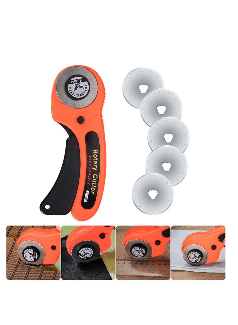Y&D 45mm Rotary Cutter, Fabric Cutter with 5pcs Extra Blades Ergonomic Handle Rolling Safety Lock for Fabric, Leather, Crafting, Sewing, Quilting, Left & Right Hand（Orange） - Image 1