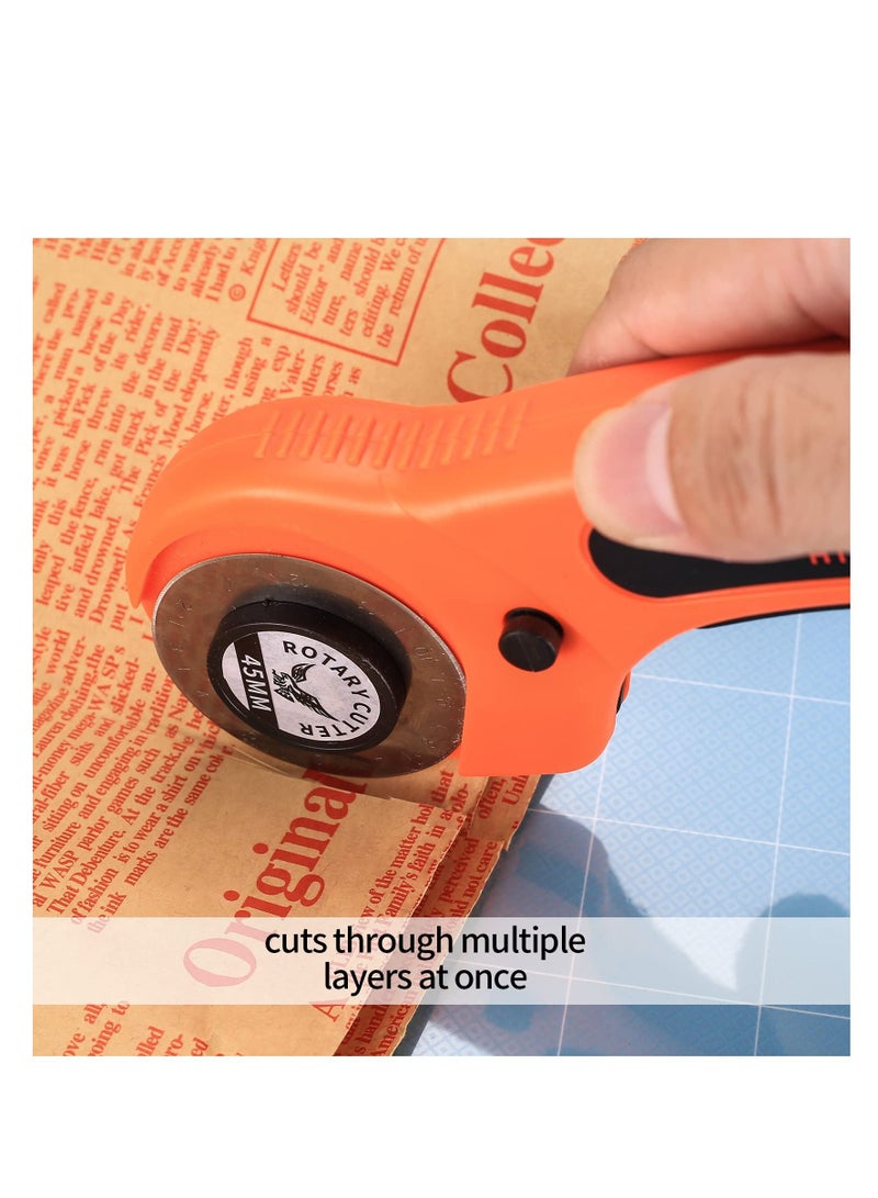 Y&D 45mm Rotary Cutter, Fabric Cutter with 5pcs Extra Blades Ergonomic Handle Rolling Safety Lock for Fabric, Leather, Crafting, Sewing, Quilting, Left & Right Hand（Orange） - Image 3