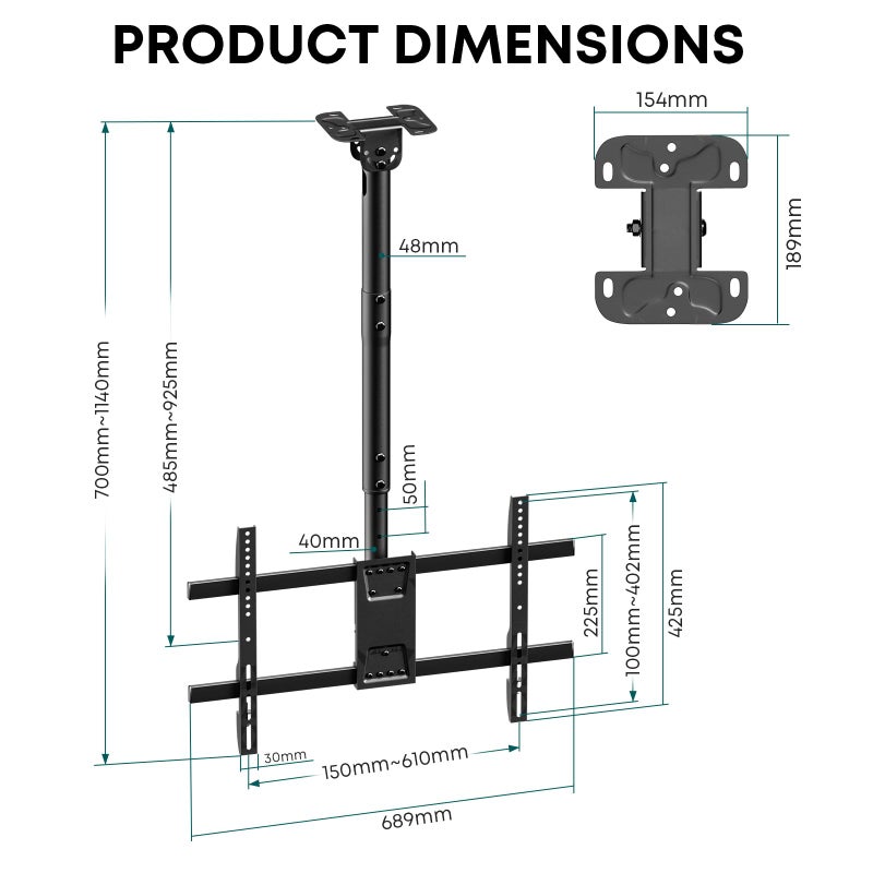 Putilsen Mount Ceiling TV Mount for 43-86 Screens, Hanging TV Bracket with Height Adjustable Pole Fits Most LCD LED OLED 4K TVs Supports up to 132lbs, Max VESA 600x400mm,Black - Image 5