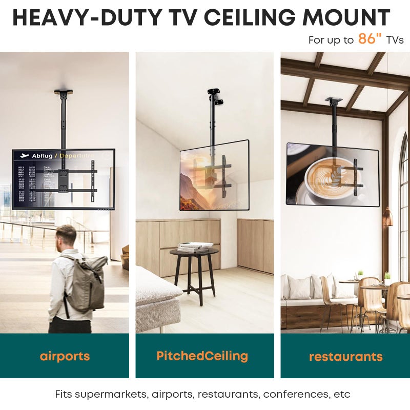Putilsen Mount Ceiling TV Mount for 43-86 Screens, Hanging TV Bracket with Height Adjustable Pole Fits Most LCD LED OLED 4K TVs Supports up to 132lbs, Max VESA 600x400mm,Black - Image 2