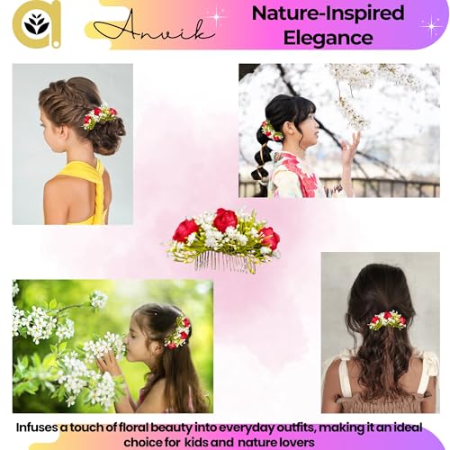 ANVIK Artificial Flower Fancy Hair Clip/Side Pin/Comb Pin/Juda Pin/Crystal Bun Pin For Women And Girls Bride Hair Styling Wedding Hair Accessories Flower Hair Accessory For Women (Red) - Image 5