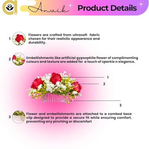 ANVIK Artificial Flower Fancy Hair Clip/Side Pin/Comb Pin/Juda Pin/Crystal Bun Pin For Women And Girls Bride Hair Styling Wedding Hair Accessories Flower Hair Accessory For Women (Red) - Image 2