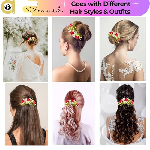 ANVIK Artificial Flower Fancy Hair Clip/Side Pin/Comb Pin/Juda Pin/Crystal Bun Pin For Women And Girls Bride Hair Styling Wedding Hair Accessories Flower Hair Accessory For Women (Red) - Image 4