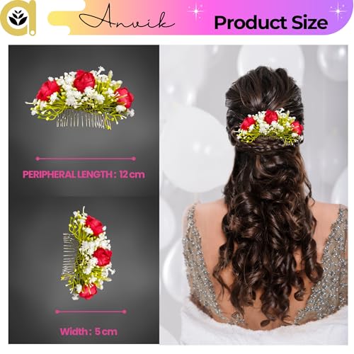 ANVIK Artificial Flower Fancy Hair Clip/Side Pin/Comb Pin/Juda Pin/Crystal Bun Pin For Women And Girls Bride Hair Styling Wedding Hair Accessories Flower Hair Accessory For Women (Red) - Image 3
