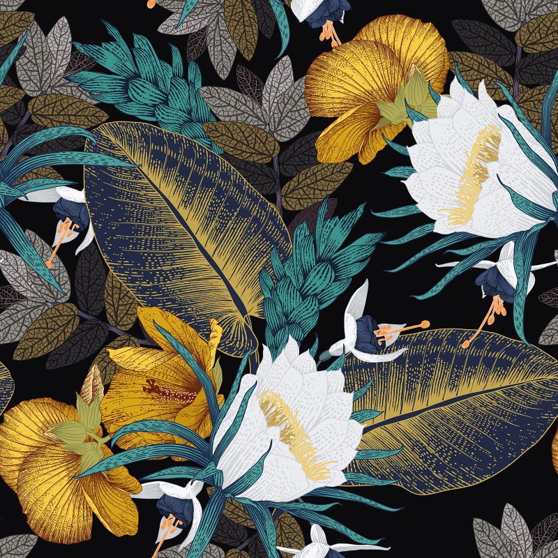 FunStick Vintage Black and Gold Floral Wallpaper Peel and Stick Leaf Tulip Flower Wallpaper for Bedroom Bathroom Black Floral Contact Paper for Walls Cabinets Waterproof Removable Wall Paper 175x118
