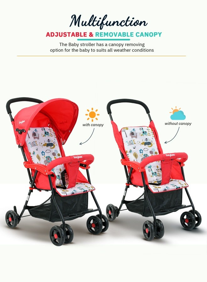 BAYBEE Infant Baby Stroller for Newborn Babies with 2 Position Adjustable Canopy Round Grip Handle Safety Harness Storage Basket Baby Push Stroller for Toddlers 6 Months to 3 Years Boys Girls Red - Image 3