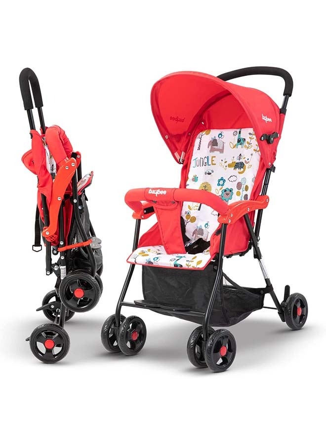 BAYBEE Infant Baby Stroller for Newborn Babies with 2 Position Adjustable Canopy Round Grip Handle Safety Harness Storage Basket Baby Push Stroller for Toddlers 6 Months to 3 Years Boys Girls Red - Image 1