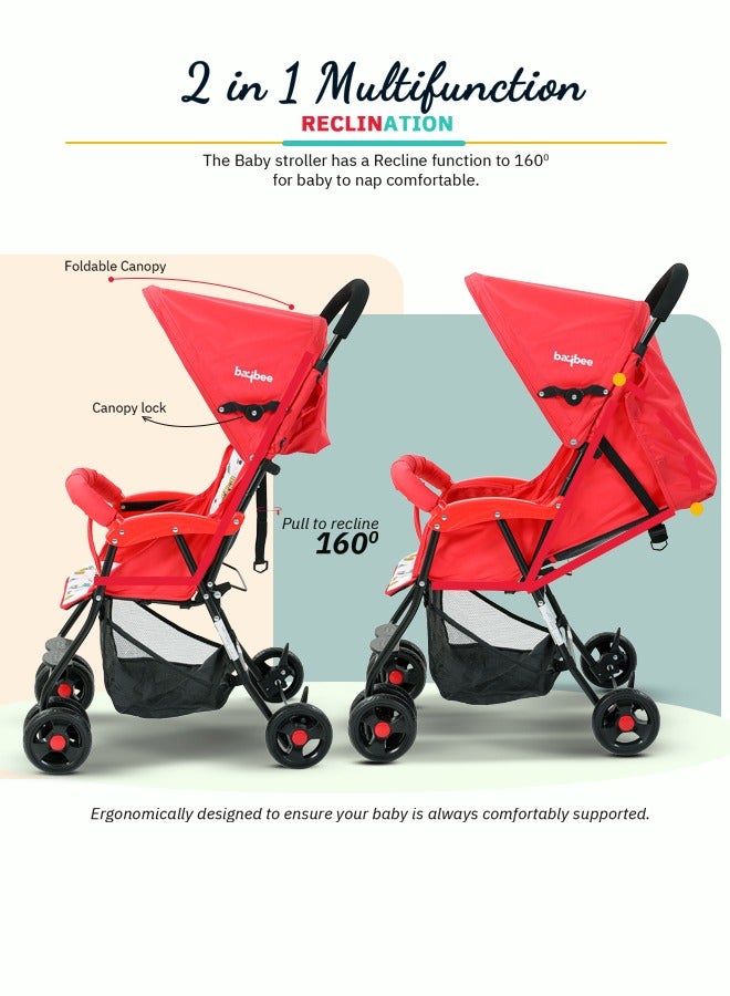 BAYBEE Infant Baby Stroller for Newborn Babies with 2 Position Adjustable Canopy Round Grip Handle Safety Harness Storage Basket Baby Push Stroller for Toddlers 6 Months to 3 Years Boys Girls Red - Image 4