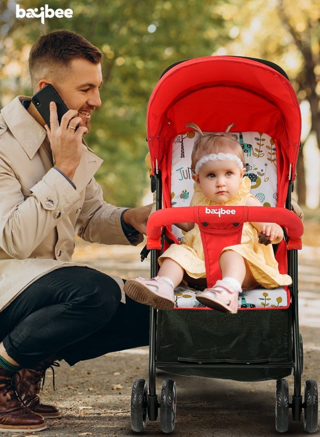BAYBEE Infant Baby Stroller for Newborn Babies with 2 Position Adjustable Canopy Round Grip Handle Safety Harness Storage Basket Baby Push Stroller for Toddlers 6 Months to 3 Years Boys Girls Red - Image 2