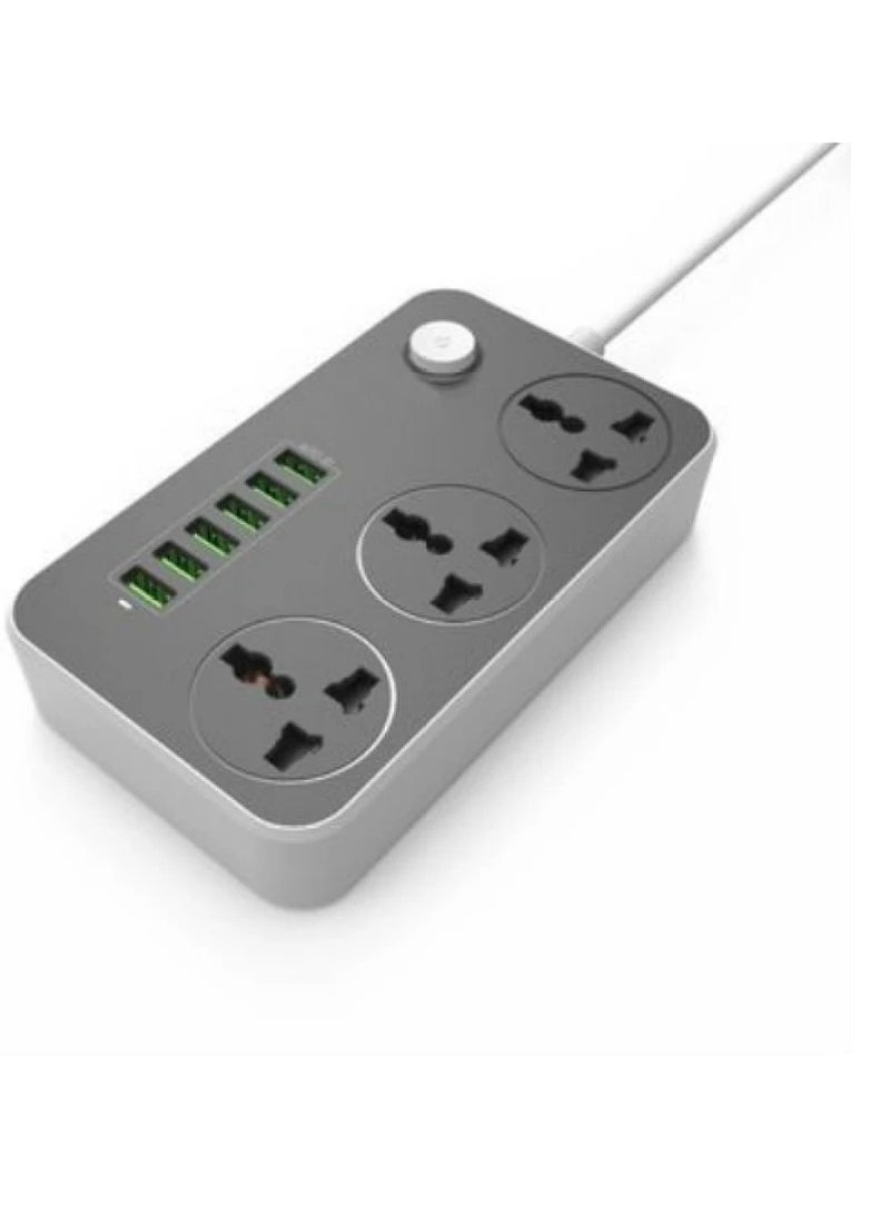 Lead Cable Electric Mains Power 3 Gang Way 6 USB Ports Plug Socket - Image 1