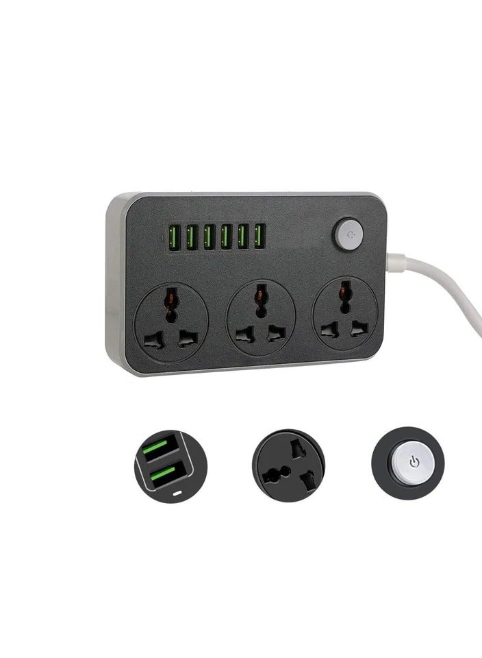 Lead Cable Electric Mains Power 3 Gang Way 6 USB Ports Plug Socket - Image 2