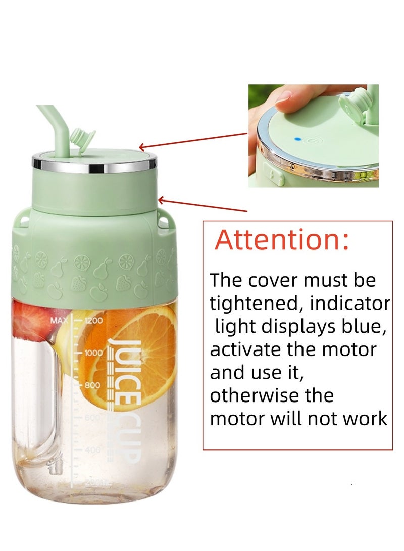 Portable Juicer Cup, Electric USB Rechargeable 1200ml Blender Cup with 14 Sharp Blades, Personal Mixer Cup Juicer Bottle with Straw, for Travel Picnic Office Gym (K3 Green 1200ml)  - Image 5