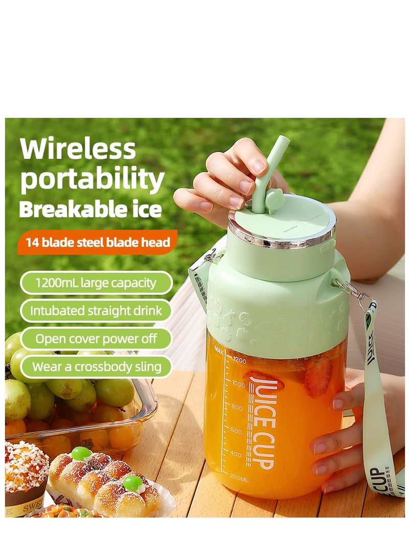 Portable Juicer Cup, Electric USB Rechargeable 1200ml Blender Cup with 14 Sharp Blades, Personal Mixer Cup Juicer Bottle with Straw, for Travel Picnic Office Gym (K3 Green 1200ml)  - Image 2