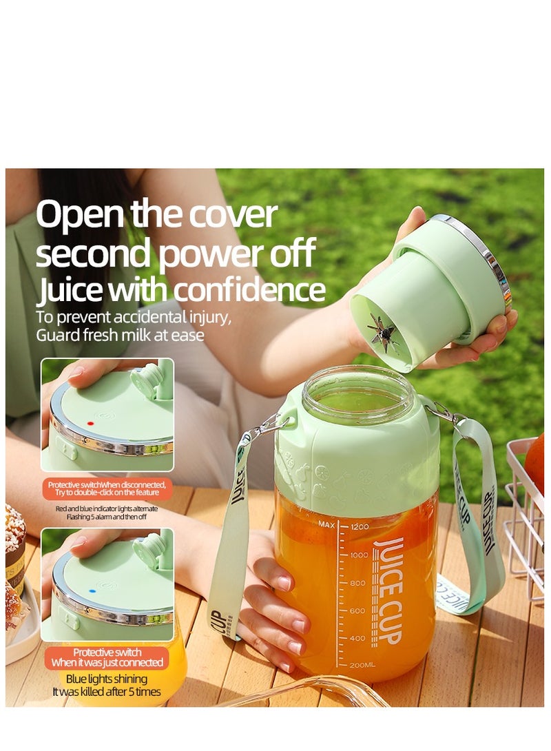 Portable Juicer Cup, Electric USB Rechargeable 1200ml Blender Cup with 14 Sharp Blades, Personal Mixer Cup Juicer Bottle with Straw, for Travel Picnic Office Gym (K3 Green 1200ml)  - Image 3