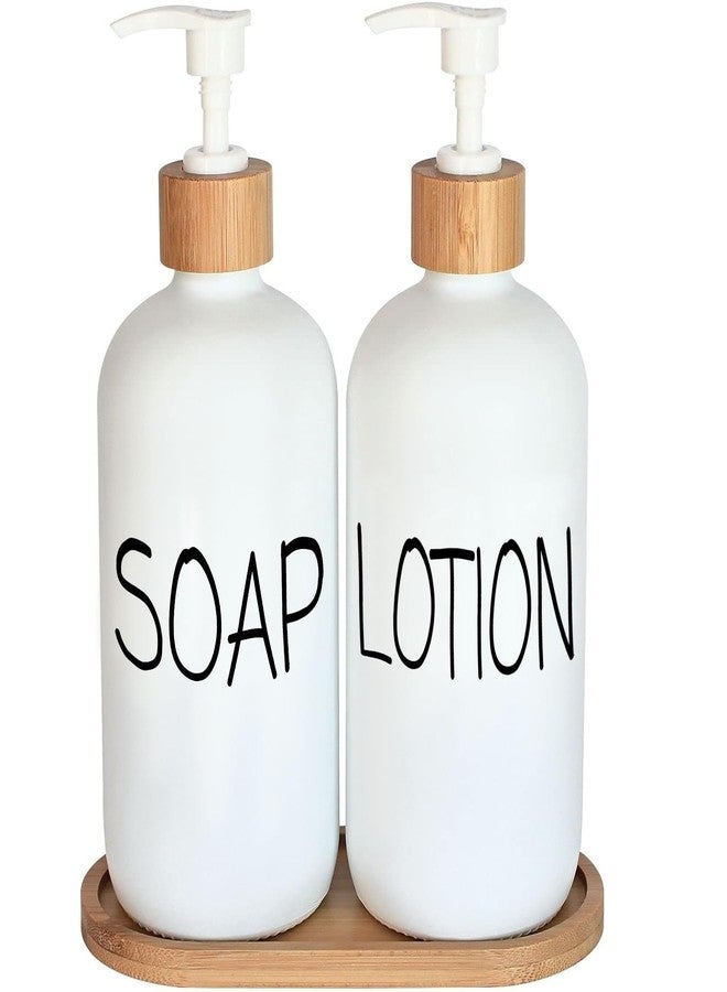 DIDROOM White Soap Dispenser Bathroom Set, Set with Glass Dispenser, Bamboo Pumps & Tray. Hand and Lotion Suitable for Farmhouse Decor - Image 1