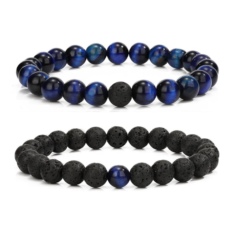MengPa Mens Beaded Bracelets Couples Matching Bracelet Set Lava Rock Beads for Women Stone Jewelry(Tiger Eye-Blue) US4163T - Image 1