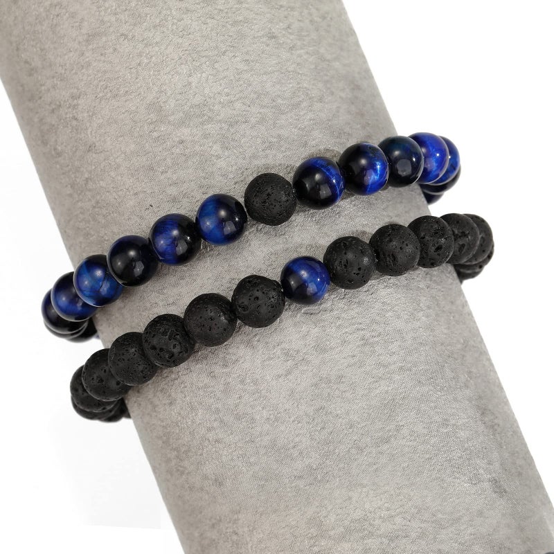 MengPa Mens Beaded Bracelets Couples Matching Bracelet Set Lava Rock Beads for Women Stone Jewelry(Tiger Eye-Blue) US4163T - Image 5