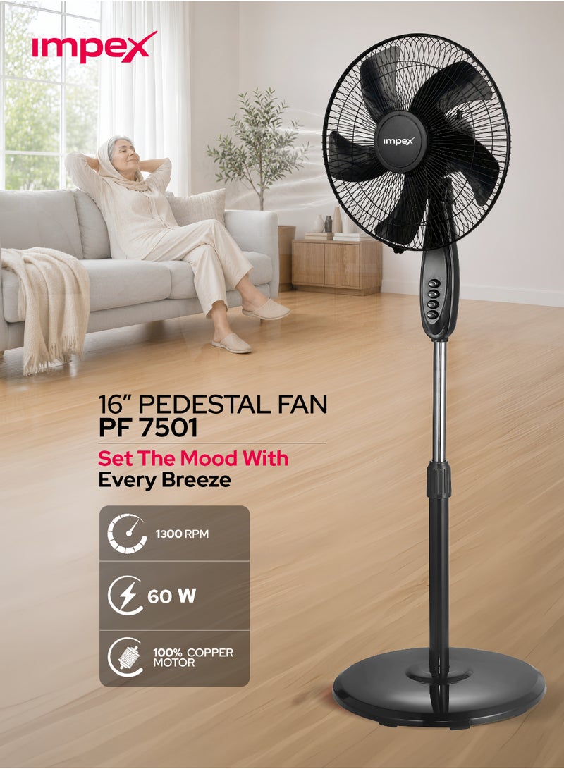 Impex 16 Inch Pedestal Fan PF 7501, 60W Powerful Cooling Fan, 3 Speed Control, Wide Oscillation, 5 Blade Design, Strong Aluminum Motor, Round Base, Easy Button Control, 220-240V, 2 Year Warranty 60 W PF 7501 Black - Image 1