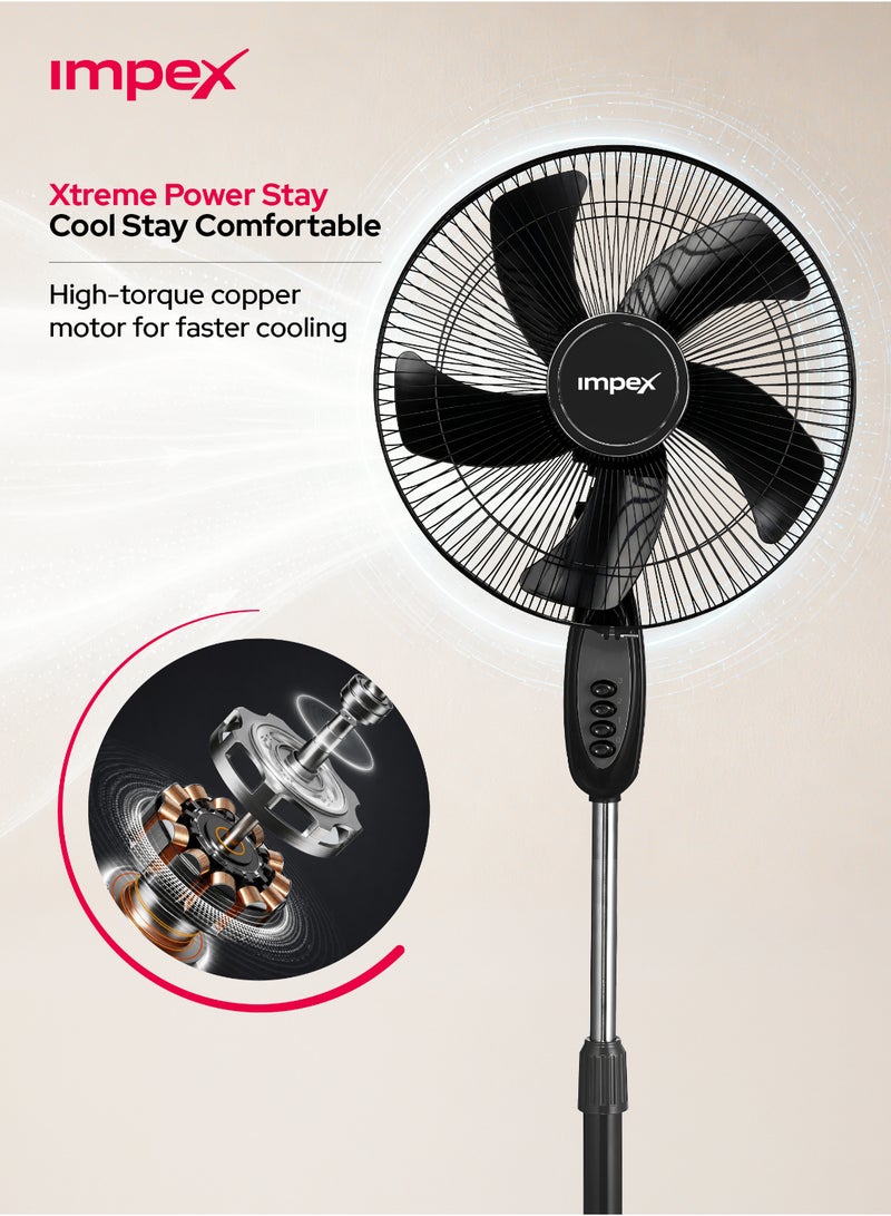 Impex 16 Inch Pedestal Fan PF 7501, 60W Powerful Cooling Fan, 3 Speed Control, Wide Oscillation, 5 Blade Design, Strong Aluminum Motor, Round Base, Easy Button Control, 220-240V, 2 Year Warranty 60 W PF 7501 Black - Image 2