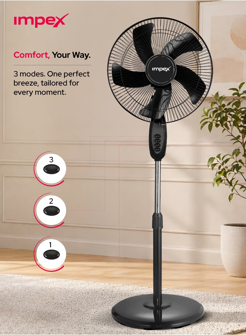 Impex 16 Inch Pedestal Fan PF 7501, 60W Powerful Cooling Fan, 3 Speed Control, Wide Oscillation, 5 Blade Design, Strong Aluminum Motor, Round Base, Easy Button Control, 220-240V, 2 Year Warranty 60 W PF 7501 Black - Image 3