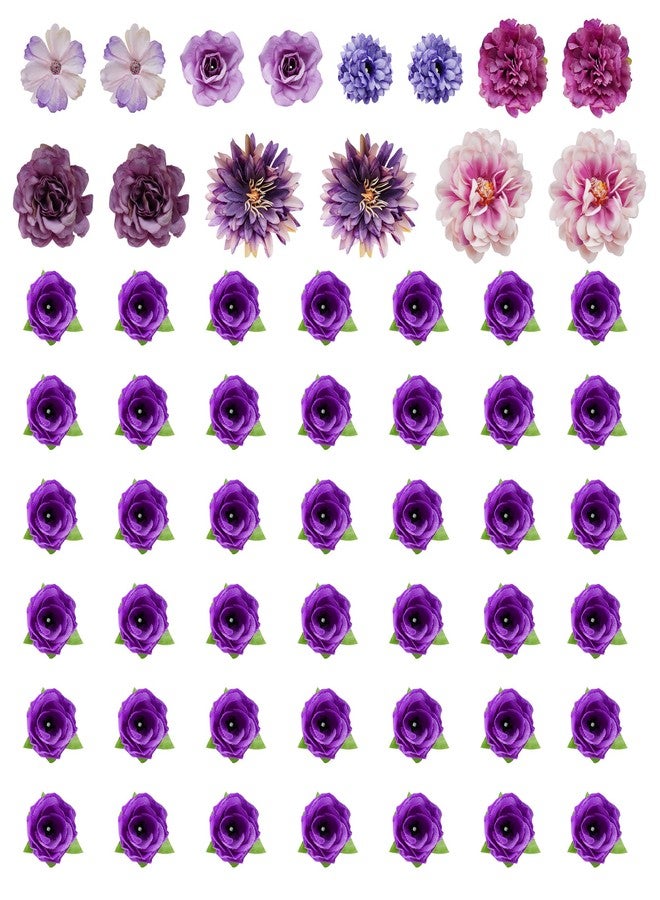 jiebor 60Pcs Mini Faux Flower Heads Small Artificial Tiny Fake Silk Fabric Roses Flower Heads Bulk for Crafts DIY Graduation Cap Party Home Wedding Decor (Purple) - Image 1