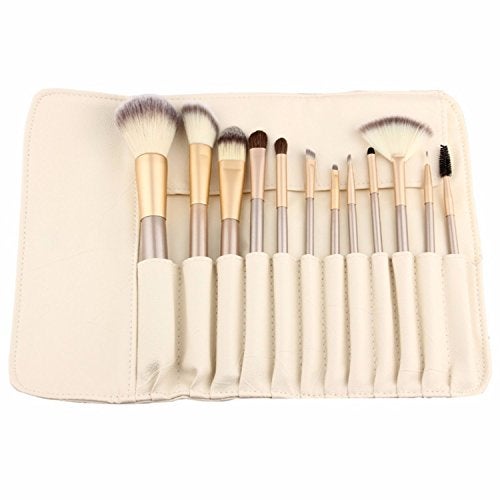 YOA 12 Piece Makeup Brushes Set | Horse Hair Professional Kabuki Makeup Brush Set Cosmetics Foundation Makeup Brushes Set Kits with White Cream-colored Case Bag - Image 1