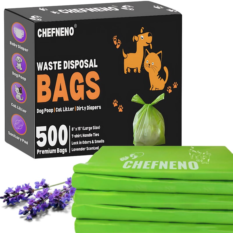 CHEFNENO Cat Litter Waste Bags Biodegradable (500 ct., Green) Bulk Dog Poop Bags with Easy Tie Handles Earth-Friendly Lavender Scented Cat Litter Poop Diaper Bag Disposable Sanitary Pad Waste Bags (500 Bags) - Image 1