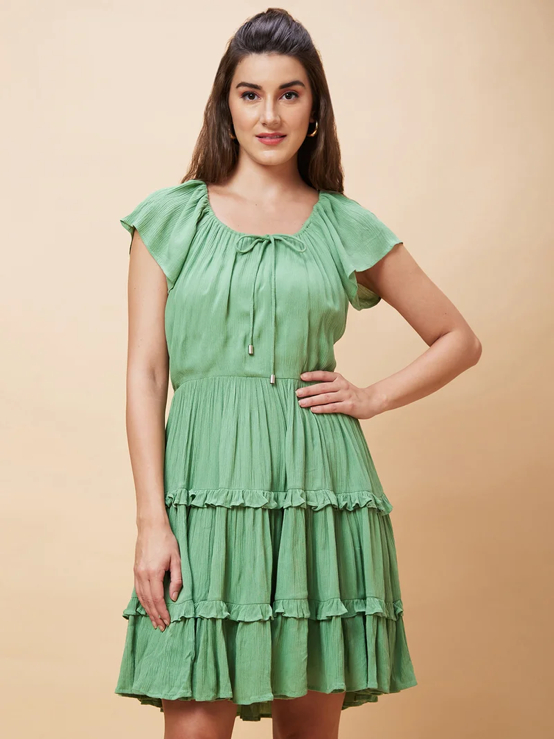 globus Globus Women Green Round Neck Gathered Tiered Fit & Flare Dress