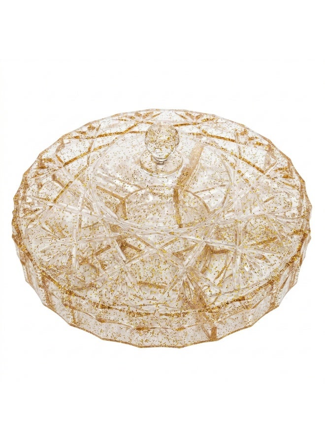 Acrylic Snack Organizer with Lid – Round Divided Bonboniere for Nuts, Chocolate, Eid Cookies & Ramadan Snacks – Clear Serving Container- Gold - Image 2