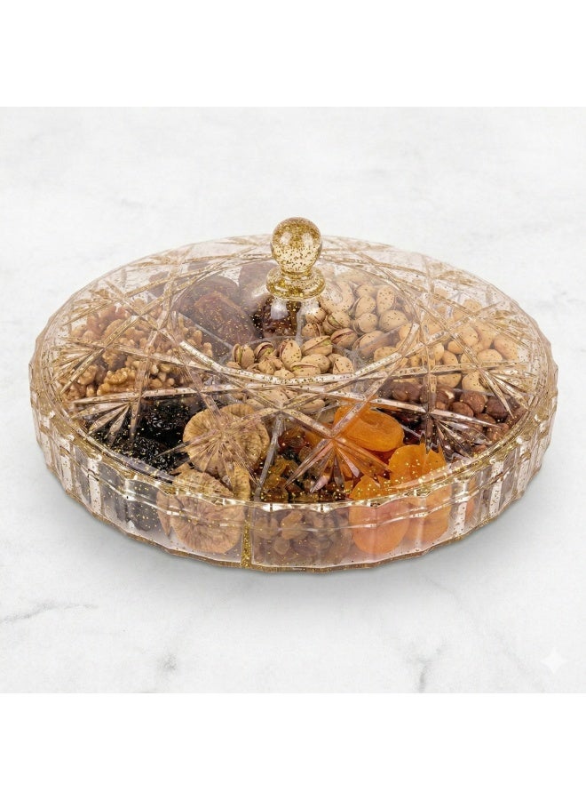 Acrylic Snack Organizer with Lid – Round Divided Bonboniere for Nuts, Chocolate, Eid Cookies & Ramadan Snacks – Clear Serving Container- Gold - Image 3