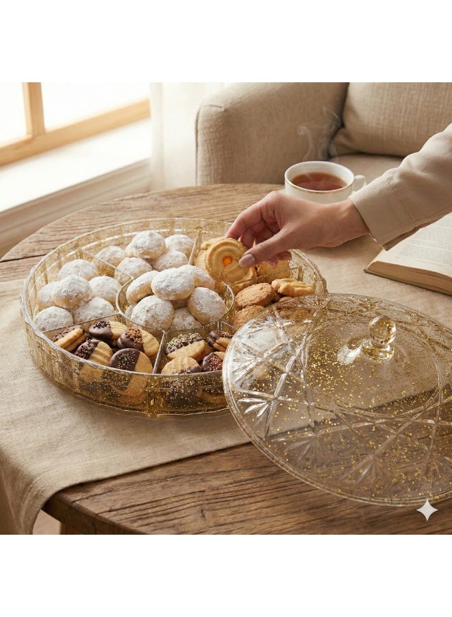 Acrylic Snack Organizer with Lid – Round Divided Bonboniere for Nuts, Chocolate, Eid Cookies & Ramadan Snacks – Clear Serving Container- Gold - Image 5