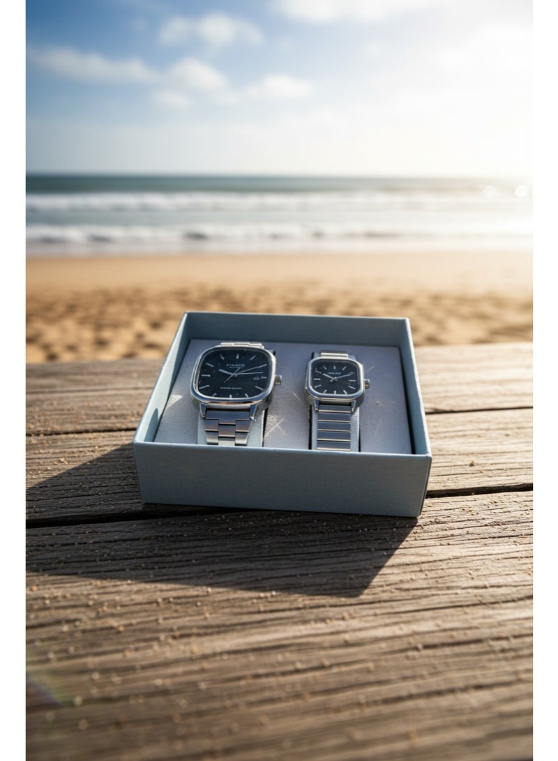 كاسيو طقم ساعات كاسيو زوجي من الستانلس ستيل – مينا أسود – حركة كوارتز - Image 3